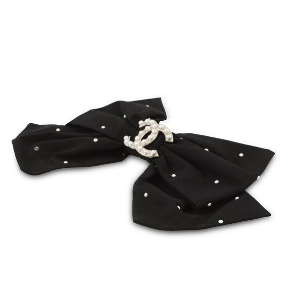 CHANEL CC Logo Pearl Ribbon Barrette Cotton100%/Faux Pearl Black - Picture 4 of 9